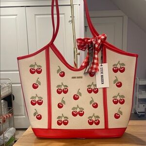 Steve Madden Red Cherry Canvas Tote with Cream Background NWT